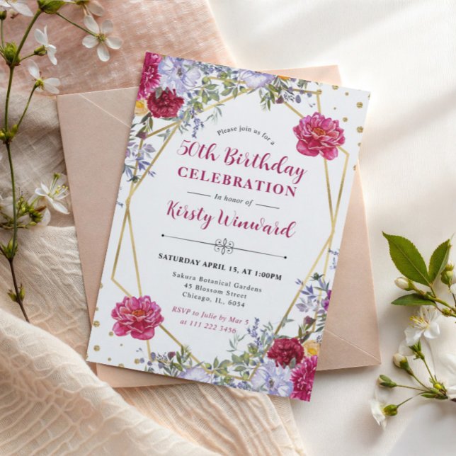Invitación Flores de Verano Moradas y Rojas Cumpleaños 50 (Subido por el creador)