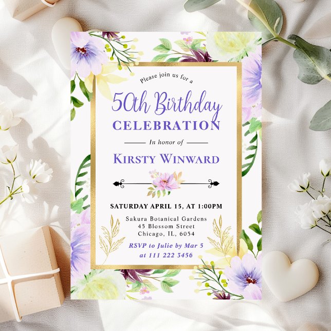 Invitación Flores de verano púrpura acuarela 50 cumpleaños (Subido por el creador)