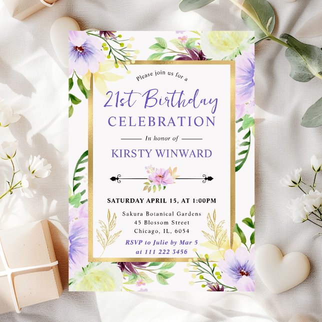 Invitación Flores de verano púrpura acuarela Cumpleaños 21 (Subido por el creador)
