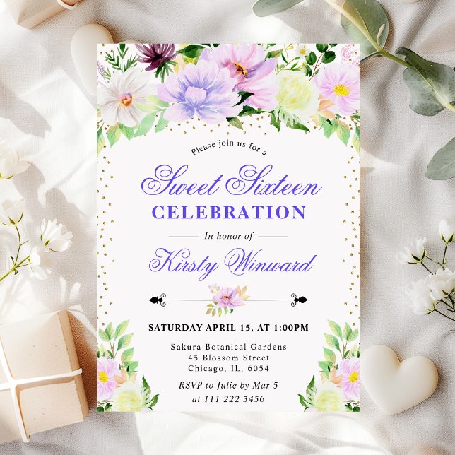 Invitación Flores de verano púrpura acuarela dulces 16 (Subido por el creador)