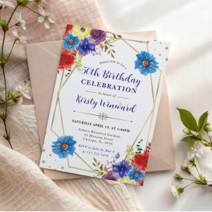Invitación Flores de Verano Rojas, Moradas y Azules Cumpleaño