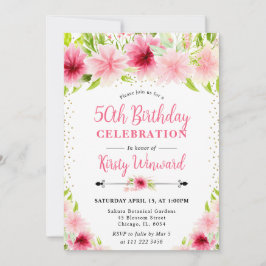 Invitación Flores de verano rosadas acuarela Cumpleaños 50