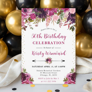Invitación Flores de verano rosadas acuarela Cumpleaños 50