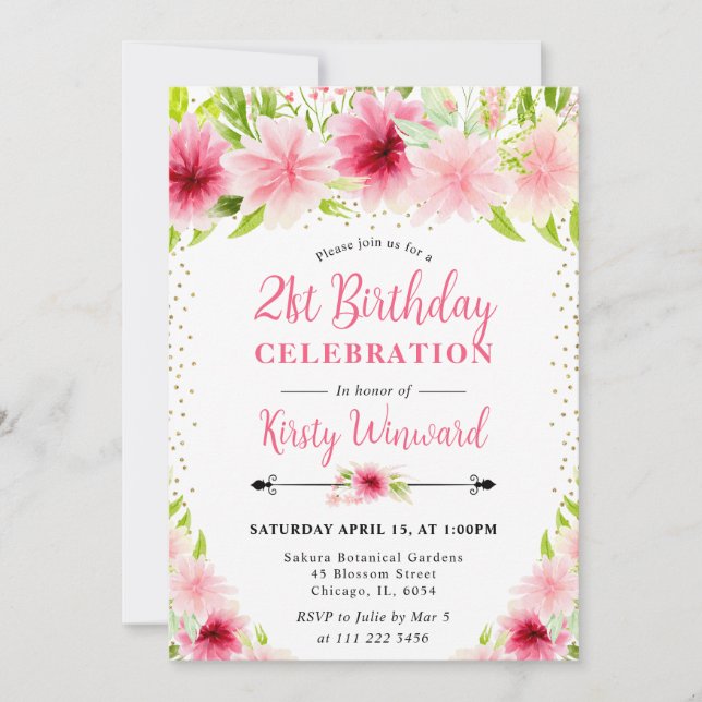 Invitación Flores de verano rosadas acuarela Foto cumpleaños  (Anverso)