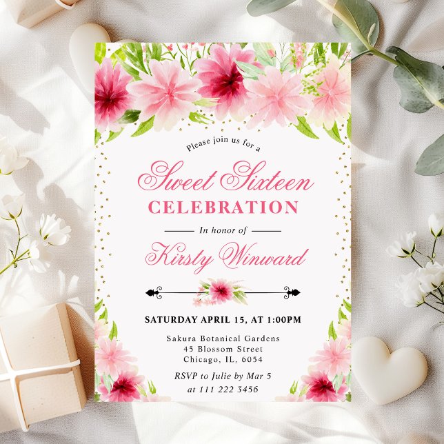 Invitación Flores de verano rosadas en acuarela Cumple diecis (Subido por el creador)