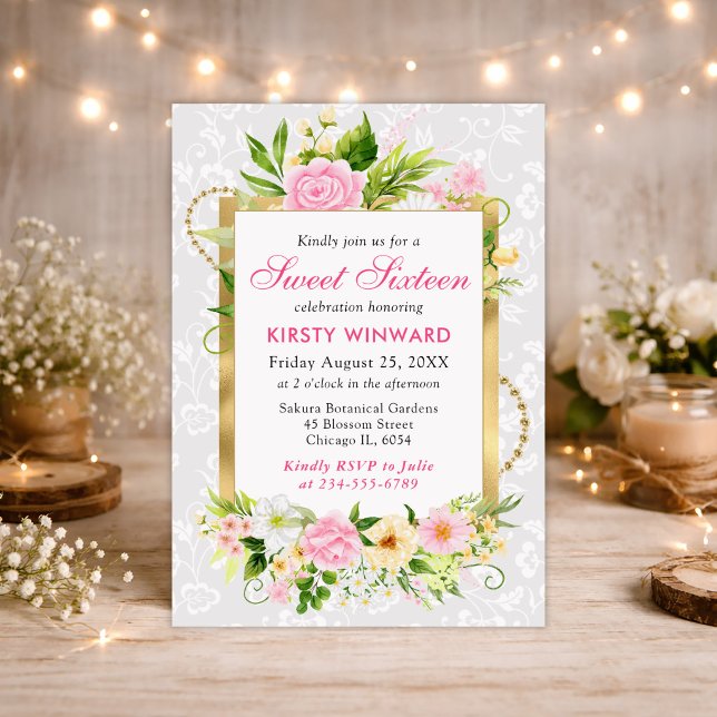 Invitación Flores de Verano Rosadas y Amarillas Papel de Oro  (Subido por el creador)