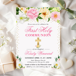 Invitación Flores de verano rosadas y amarillas Primera Comun