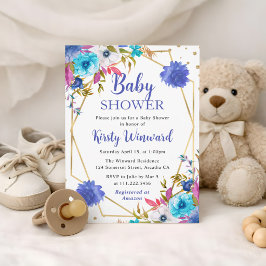 Invitación Flores de verano rosadas y azules para baby shower