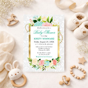 Invitación Flores de verano rosadas y menta con hoja de oro p