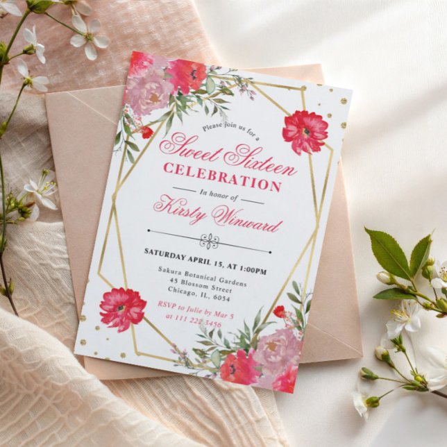 Invitación Flores de verano rosadas y sonrosadas Marco dorado (Subido por el creador)