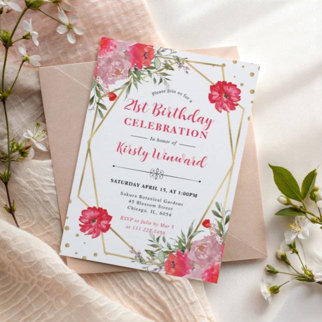 Invitación Flores de verano rosadas y sonrosadas Marco dorado (Subido por el creador)