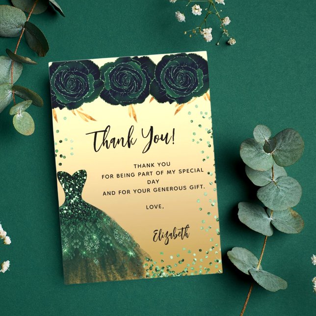 Invitación Flores de vestido verde Quinceanera gracias tarjet (Subido por el creador)