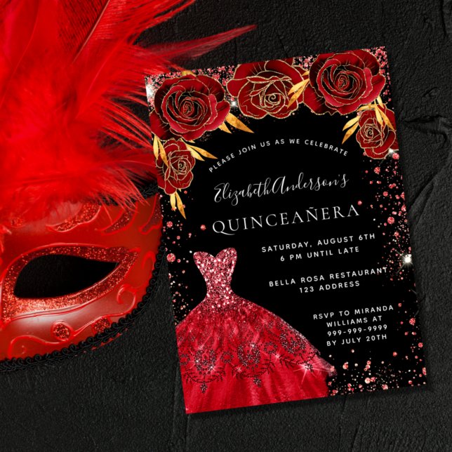 Invitación Flores de vestimenta de purpurina negro rojo Quinc (Subido por el creador)