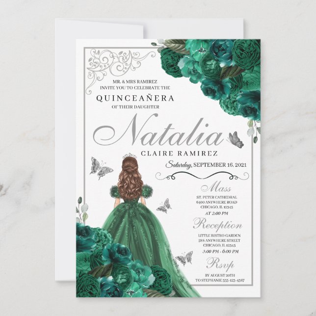 Invitación Flores de vestir de princesa verde y plata Quincea (Anverso)
