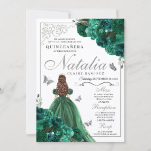 Invitación Flores de vestir de princesa verde y plata Quincea