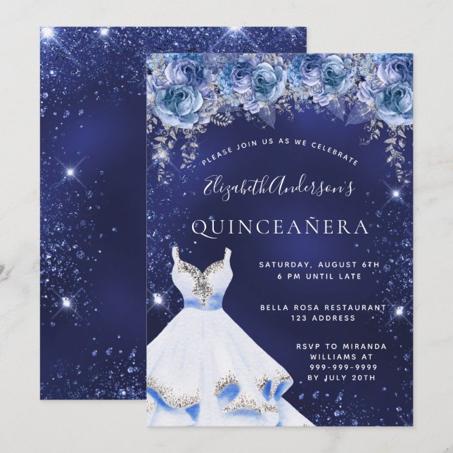 Invitación Flores de vestir de purpurina azul Quinceanera (Anverso / Reverso)