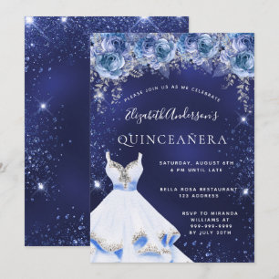 Invitación Flores de vestir de purpurina azul Quinceanera
