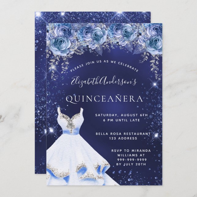 Invitación Flores de vestir de purpurina azul Quinceanera (Anverso / Reverso)