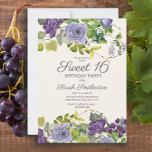 Invitación Flores de Viñas de Acuarela Morada Cumpleaños 16