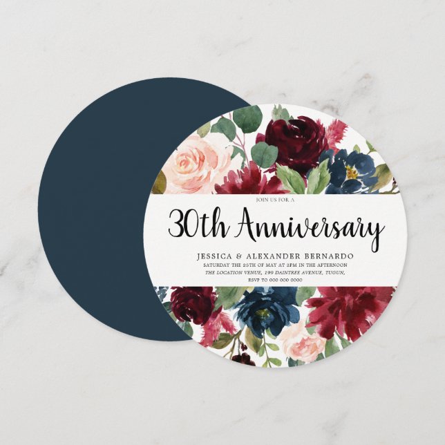 Invitación Flores de vino rojo rubí 30 aniversario de bodas (Anverso / Reverso)