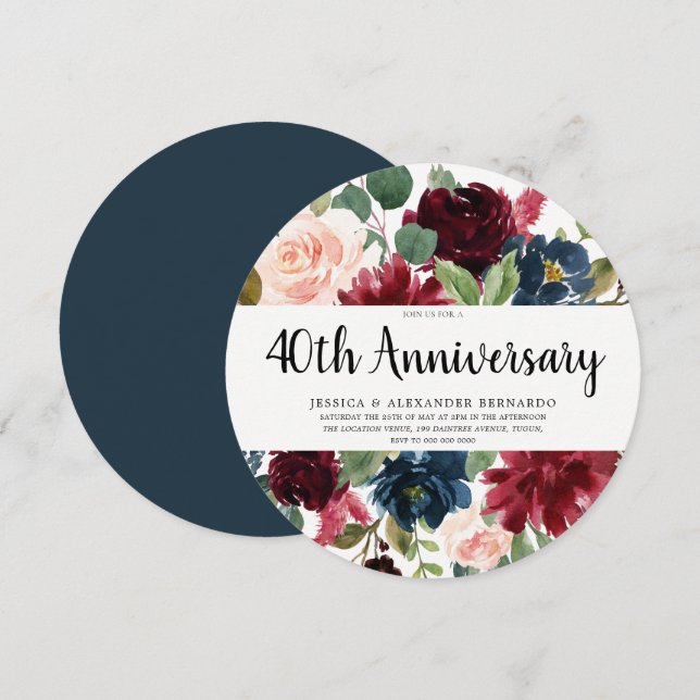 Invitación Flores de vino tinto rubí 40º aniversario de bodas (Anverso / Reverso)