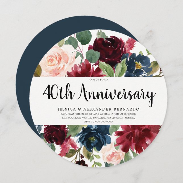 Invitación Flores de Vino Tinto Rubí 40 Aniversario de Boda (Anverso / Reverso)