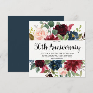 Invitación Flores de vino tinto rubí 50 aniversario de bodas
