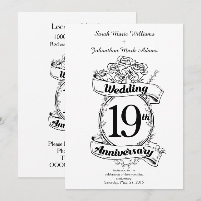 Invitación Flores del 19º Aniversario de Boda (Anverso / Reverso)