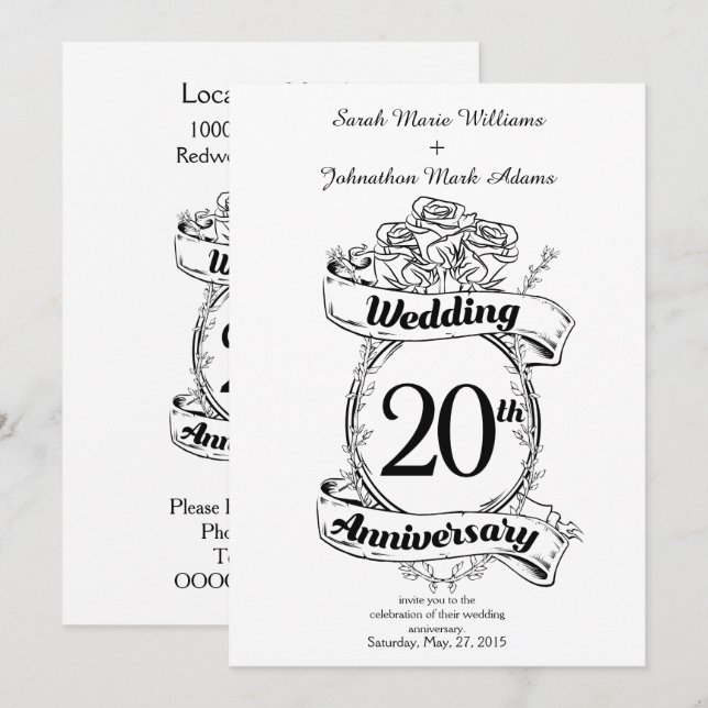 Invitación Flores del 20º Aniversario de Boda (Anverso / Reverso)