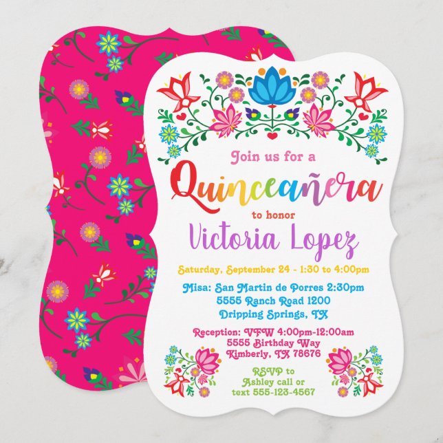 Invitación Flores del folkart de la fiesta de cumpleaños de (Anverso / Reverso)