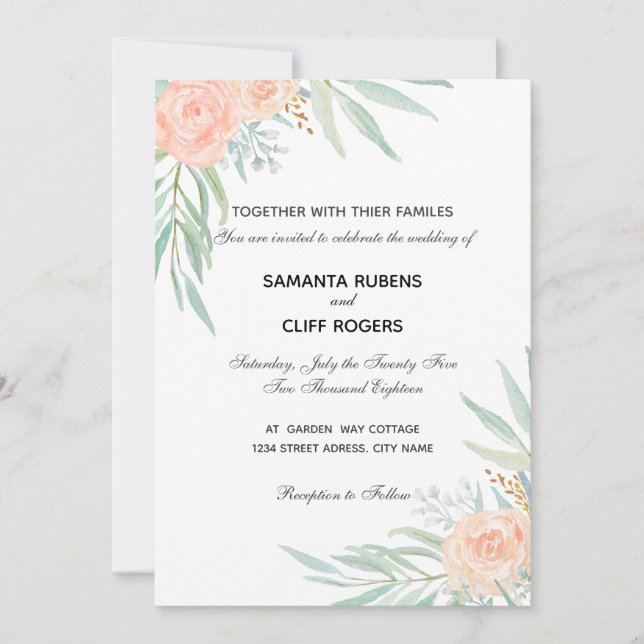 Invitación Flores del melocotón e invitatation del boda del (Anverso)