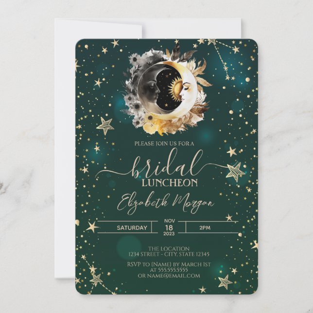 Invitación Flores del sol y la luna celestes estrellas verde (Anverso)