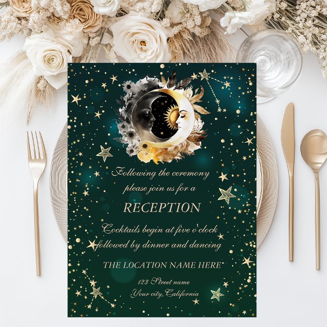 Invitación Flores del sol y la luna celestes estrellas verde (Subido por el creador)