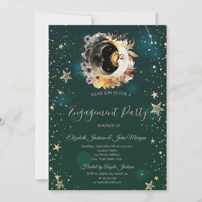 Invitación Flores del sol y la luna celestes estrellas verde (Anverso)