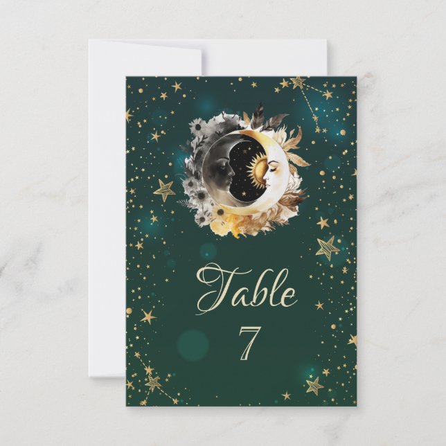 Invitación Flores del sol y la luna celestes estrellas verde (Anverso)