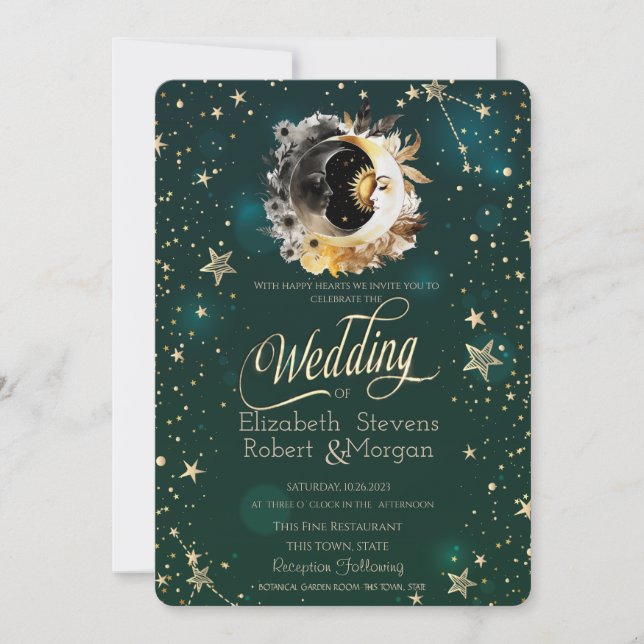 Invitación Flores del sol y la luna celestes estrellas verde (Anverso)