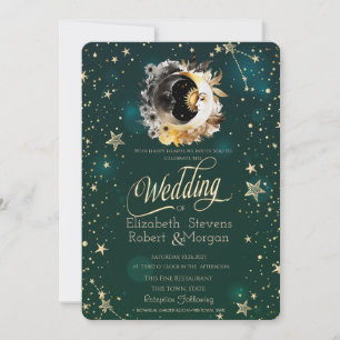 Invitación Flores del sol y la luna celestes estrellas verde