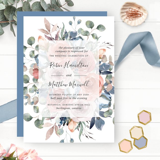 Invitación Flores delgadas con vegetación, Boda azul turbulen (Subido por el creador)