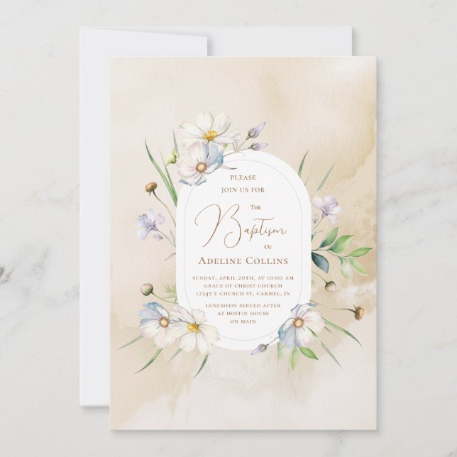 Invitación Flores Delicadas Baptismo de acuarela suave (Anverso)