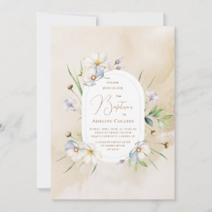 Invitación Flores Delicadas Baptismo de acuarela suave