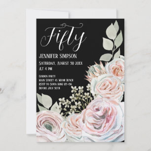 Invitación Flores delicadas de acuarela suave Cumpleaños negr