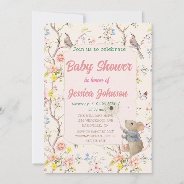 Invitación flores delicadas y hojas al estilo chino (Anverso)