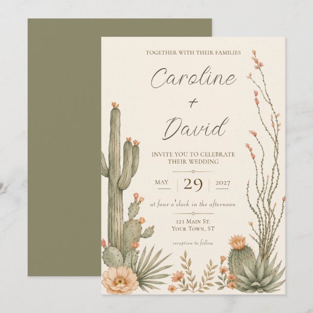 Invitación Flores Desérticas de Cactus Floral Boda (Anverso / Reverso)