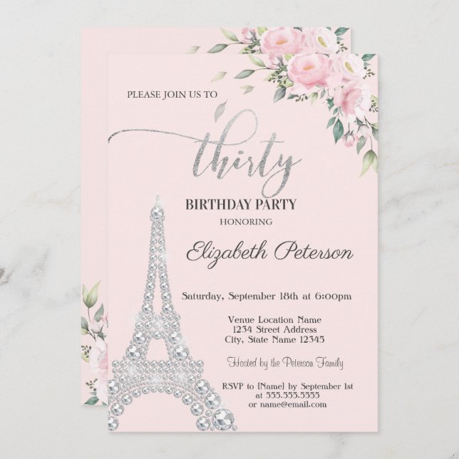 Invitación Flores, Diamantes Torre Eiffel 30 cumpleaños (Anverso / Reverso)