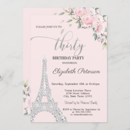 Invitación Flores, Diamantes Torre Eiffel 30 cumpleaños