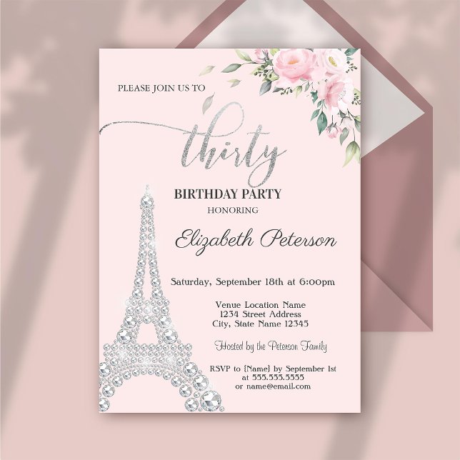 Invitación Flores, Diamantes Torre Eiffel Cumpleaños 30 (Subido por el creador)
