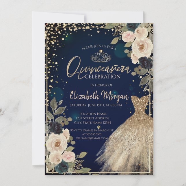 Invitación Flores, diamantes, vestimenta azul Quinceañera (Anverso)