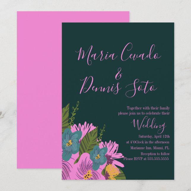 Invitación Flores Dibujadas a Mano Boda Color Intenso (Anverso / Reverso)