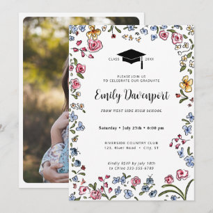 Invitación Flores dibujadas a mano Foto de graduación en la p