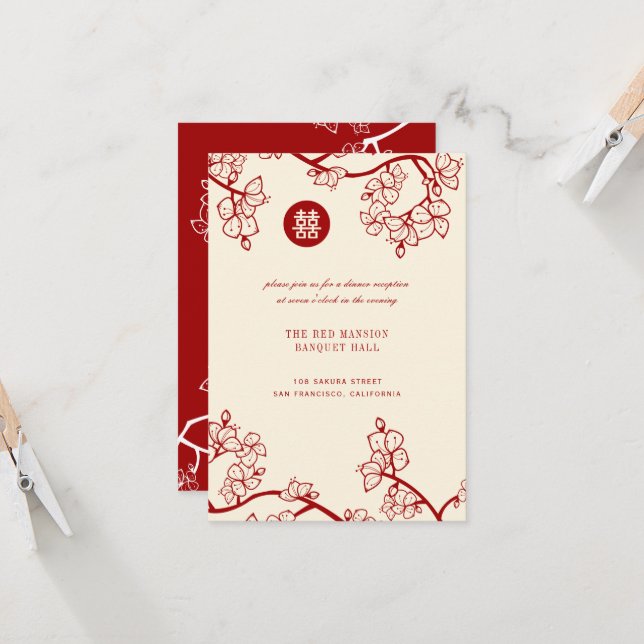 Invitación Flores Dobles de Melocotón Rojo Recepción de Boda  (Anverso/Reverso In Situ)